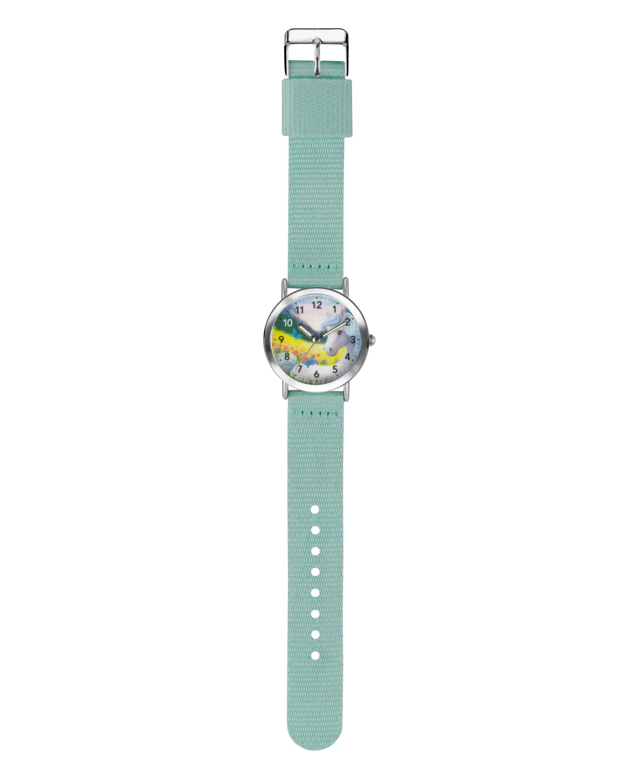 kinderuhr mit mintfarbenen textilarmband pferdemitiv am zifferblatt arabische zahlen