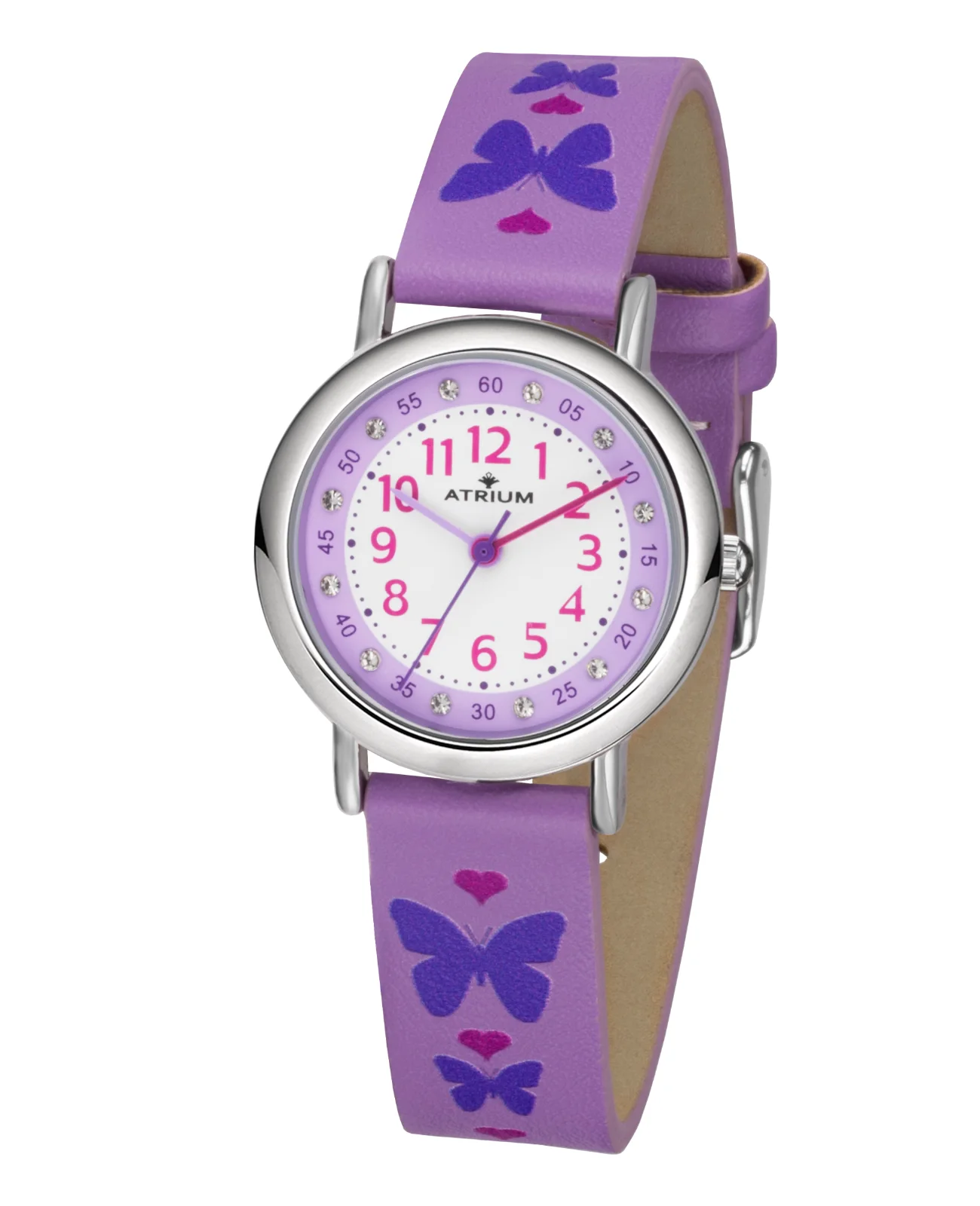 Lila Lederarmband mit Schmetterlingmotive mit Pferdemotive große arabische zahlen 