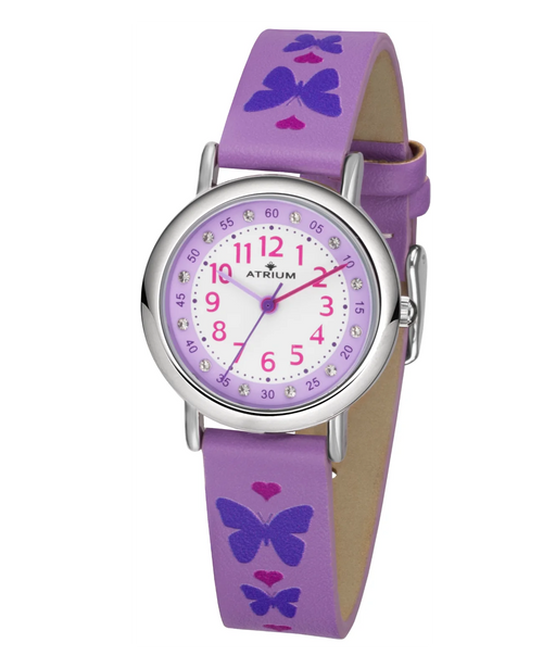 Lila Lederarmband mit Schmetterlingmotive mit Pferdemotive große arabische zahlen 