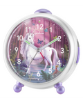 Runder silberfarbener Kinderwecker motiv einhorn große arabische zahlen