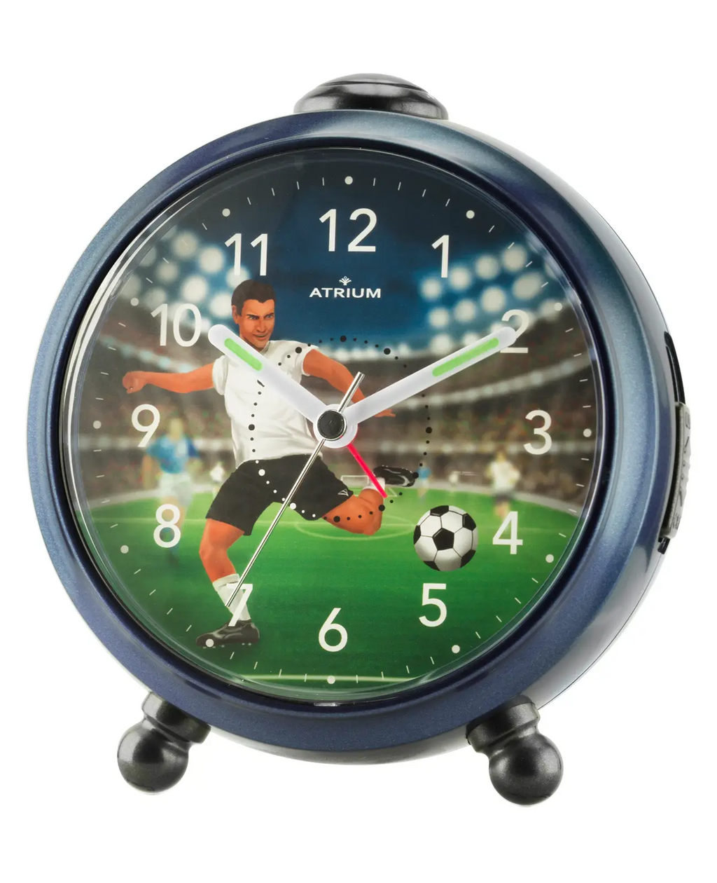 Runder dunkelblauer Kinderwecker motiv Fußballer große arabische zahlen