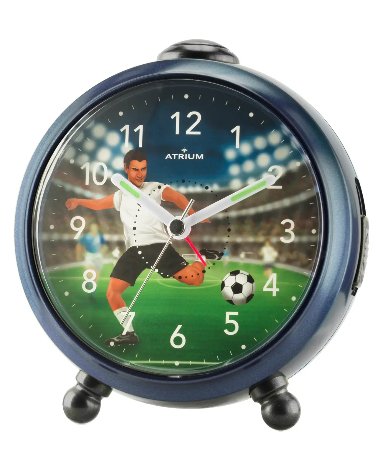 Runder dunkelblauer Kinderwecker motiv Fußballer große arabische zahlen