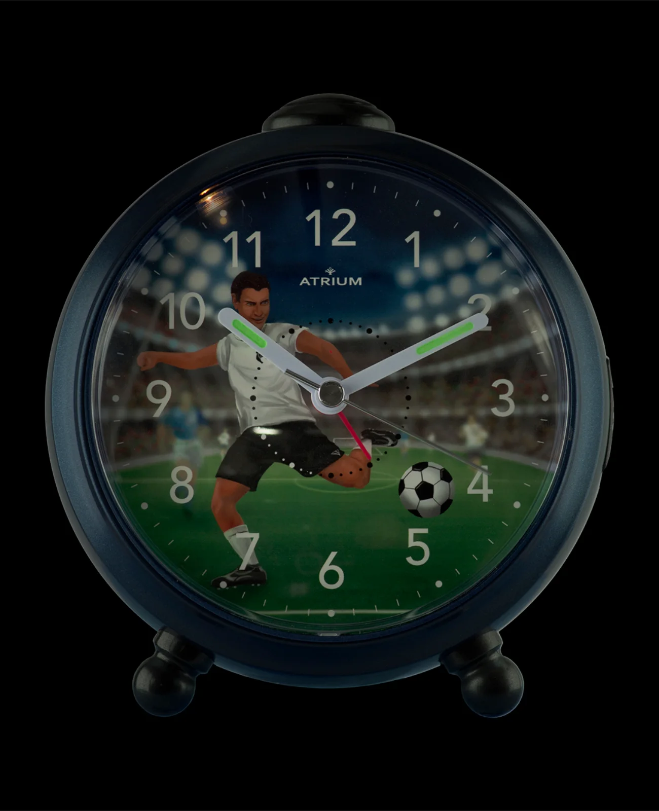 Runder dunkelblauer Kinderwecker motiv Fußballer große arabische zahlen