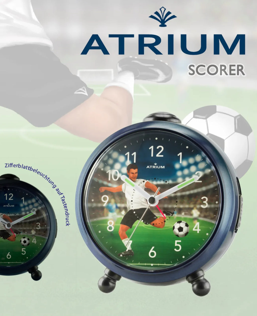 Runder dunkelblauer Kinderwecker motiv Fußballer große arabische zahlen