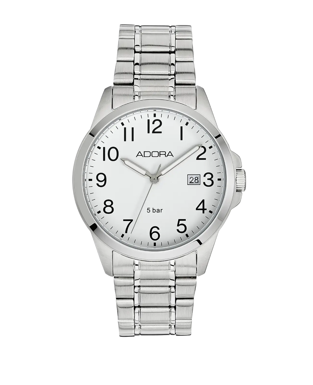 Rundes Gehäuse weißes Zifferblatt arabische Zahlen Datumsanzeige