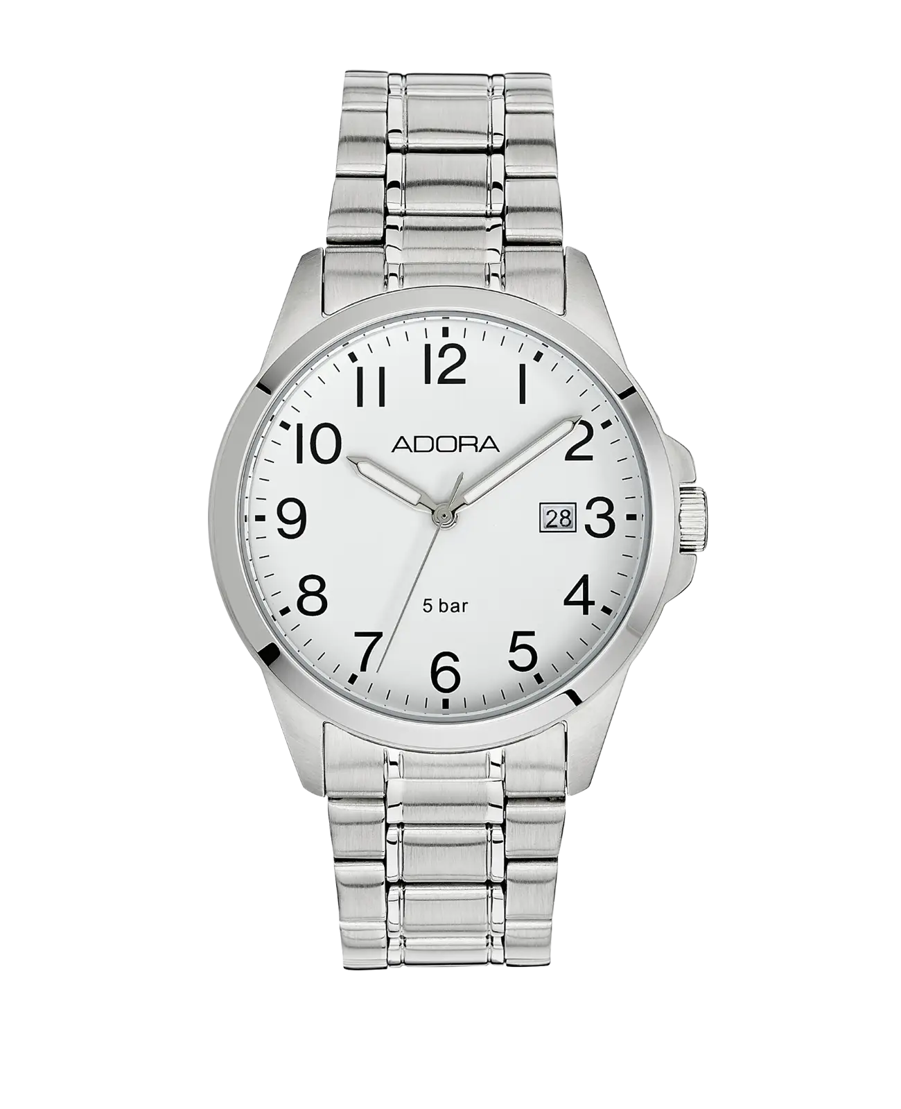 Rundes Gehäuse weißes Zifferblatt arabische Zahlen Datumsanzeige