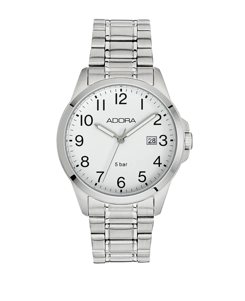 Rundes Gehäuse weißes Zifferblatt arabische Zahlen Datumsanzeige