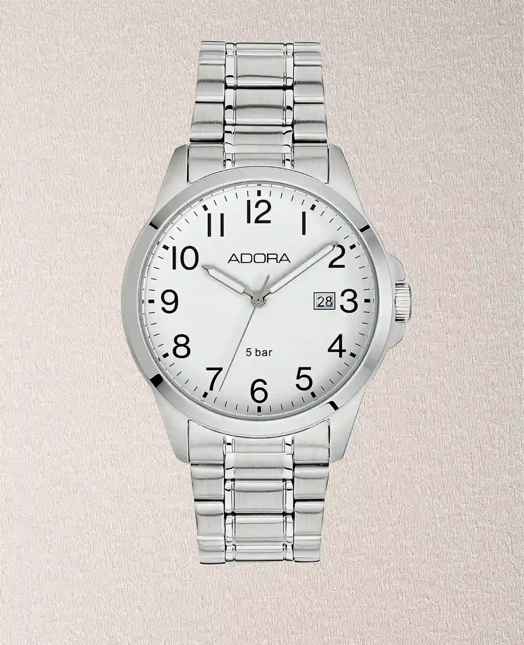 Rundes Gehäuse weißes Zifferblatt arabische Zahlen Datumsanzeige