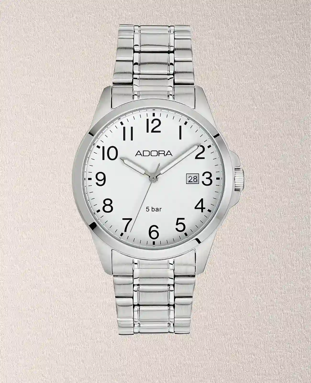 Rundes Gehäuse weißes Zifferblatt arabische Zahlen Datumsanzeige