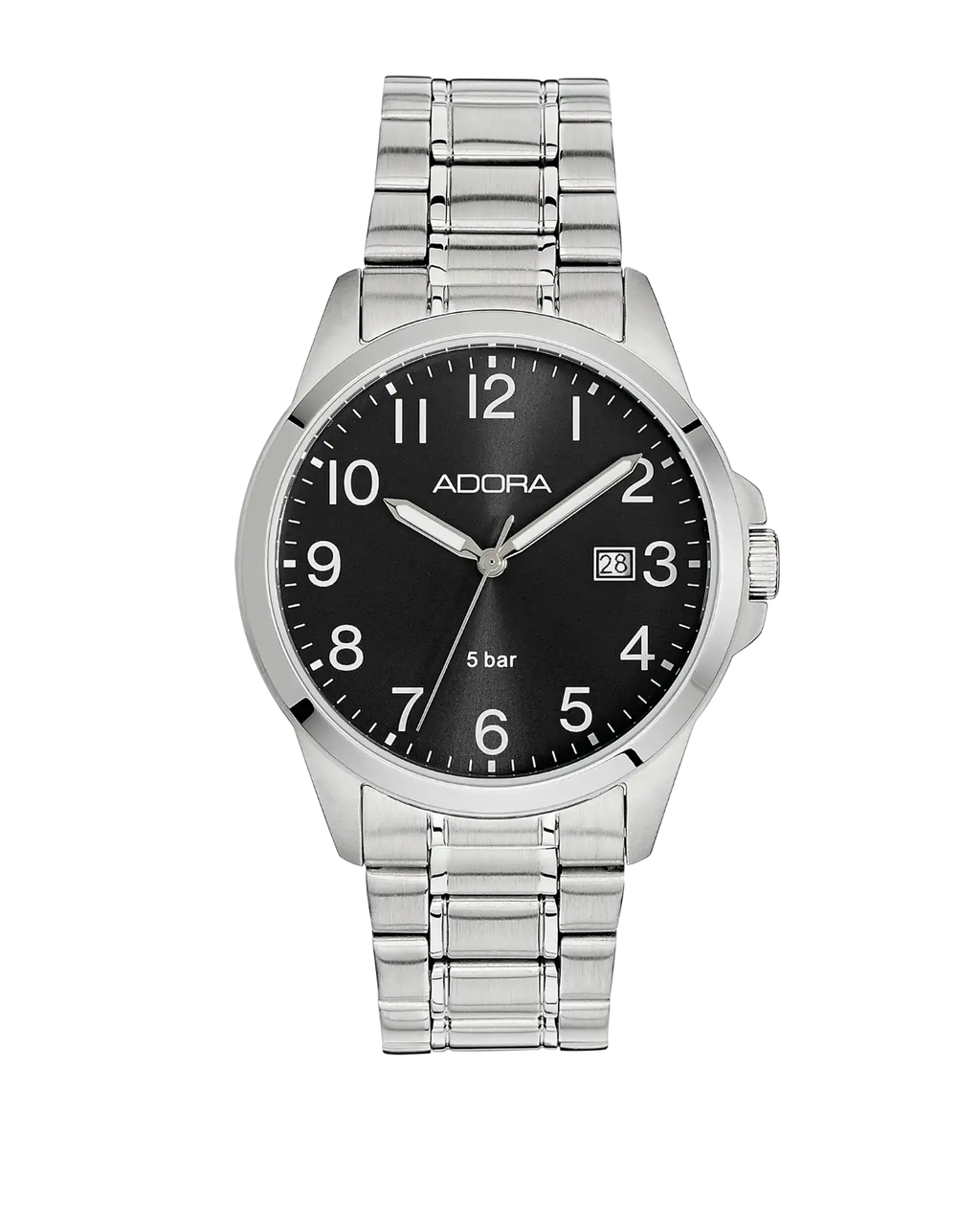 Rundes Gehäuse schwarzes Zifferblatt große arabische Zahlen Datumsanzeige