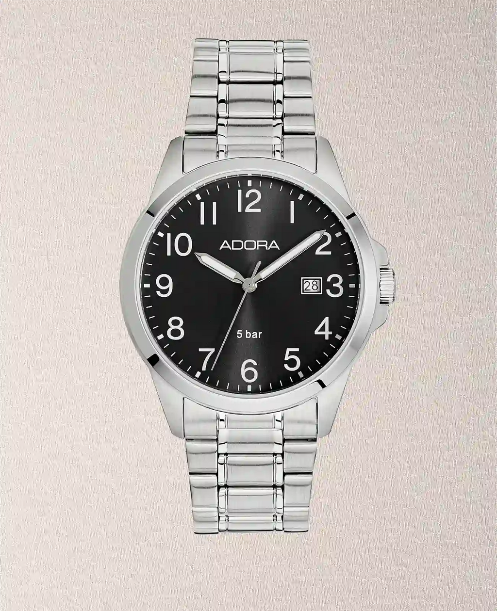 Rundes Gehäuse schwarzes Zifferblatt große arabische Zahlen Datumsanzeige