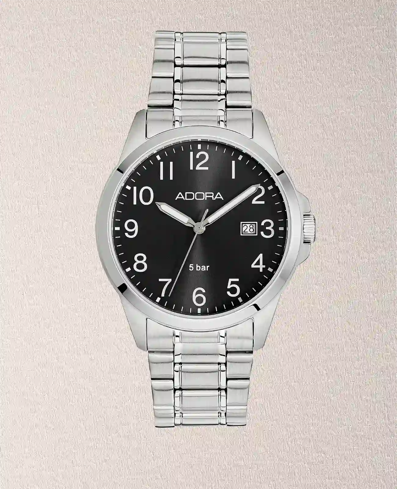 Rundes Gehäuse schwarzes Zifferblatt große arabische Zahlen Datumsanzeige