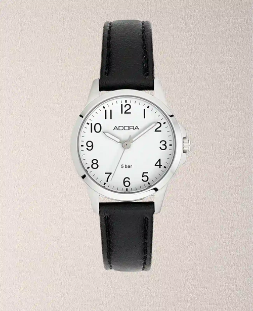 Rundes Gehäuse weißes Zifferblatt arabische Zahlen