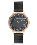 rundes gehäuse zifferblatt schwarz mit Blumenmotiv milaneisearmband schwarz