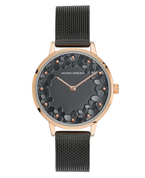 rundes gehäuse zifferblatt schwarz mit Blumenmotiv milaneisearmband schwarz