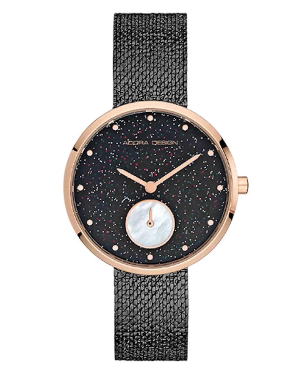 rundes gehäuse schwarzes zifferblatt schwares milaneisearmband kleine sekunde bei 6 uhr
