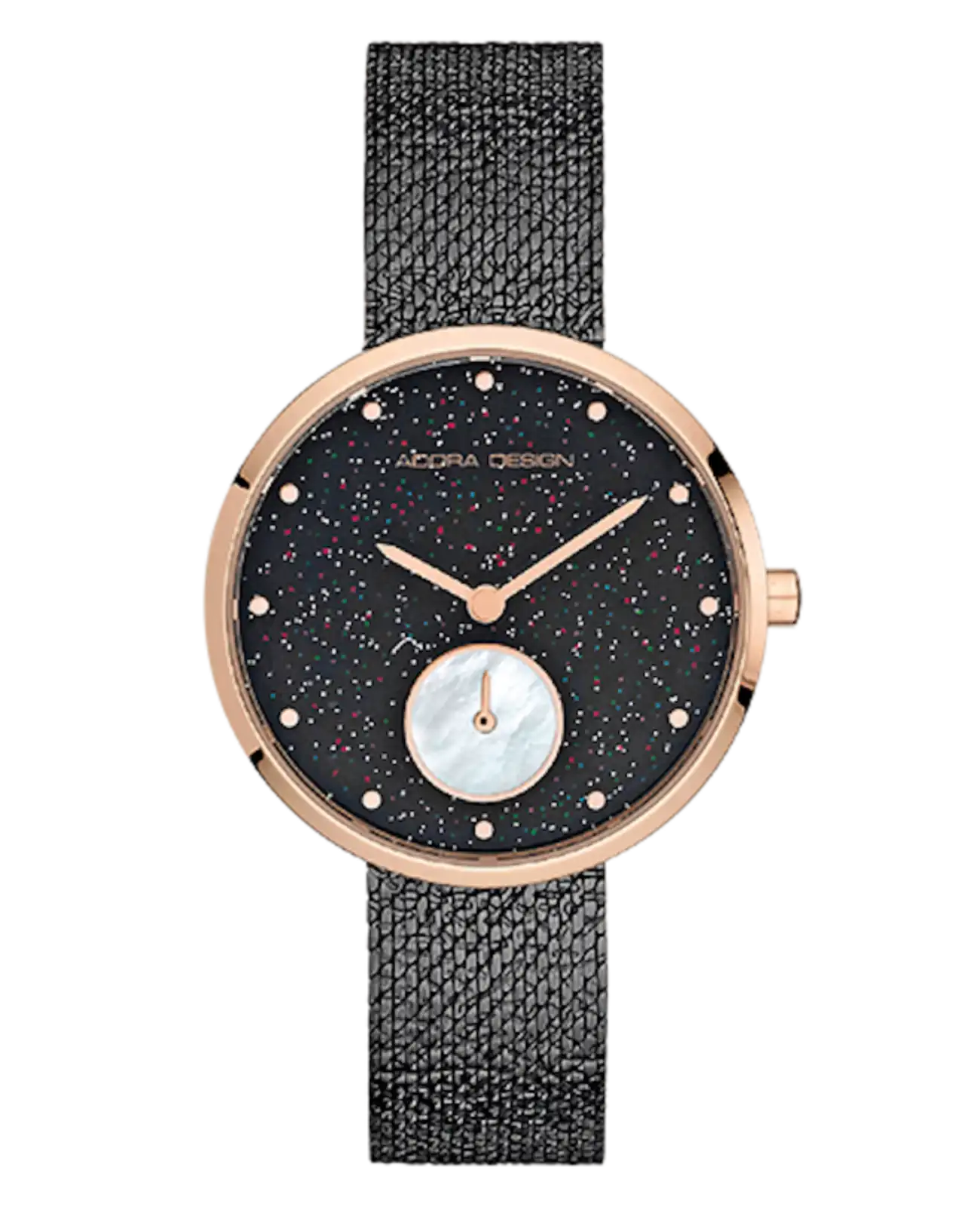 rundes gehäuse schwarzes zifferblatt schwares milaneisearmband kleine sekunde bei 6 uhr