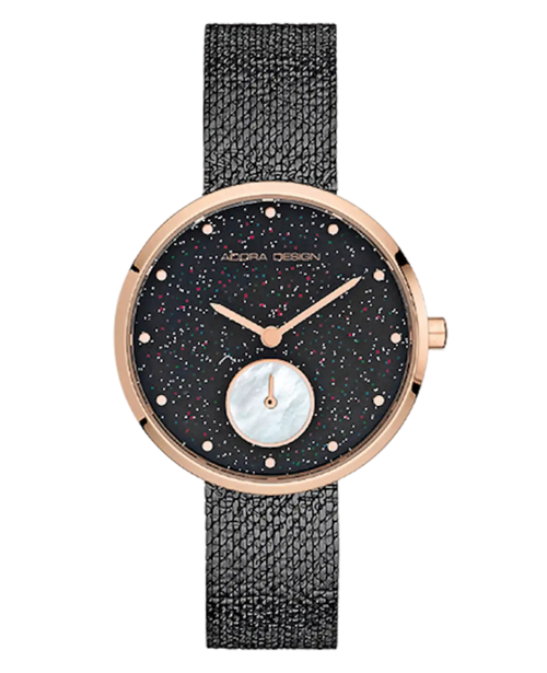 rundes gehäuse schwarzes zifferblatt schwares milaneisearmband kleine sekunde bei 6 uhr