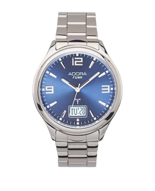 Rundes Gehäuse dunkelblaues Zifferblatt arabische Zahlen