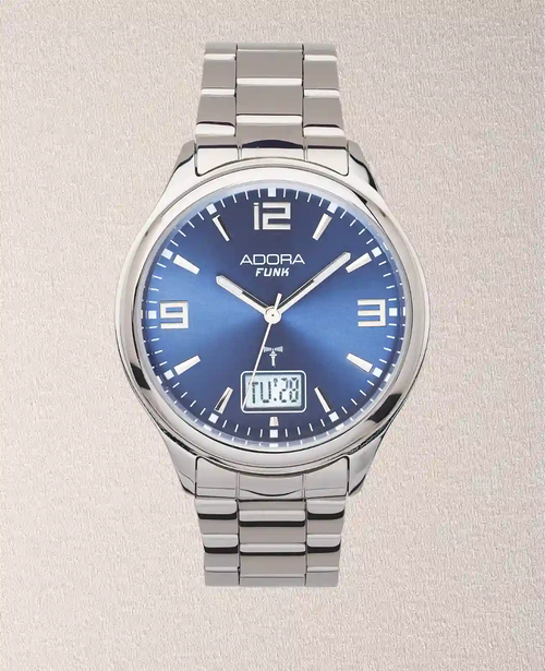 Rundes Gehäuse dunkelblaues Zifferblatt arabische Zahlen