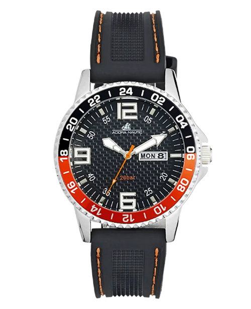 taucheruhroptik lünette oben schwarz unten rot orange datum tag bei 3 Uhr