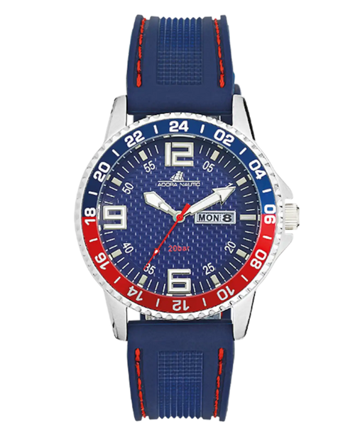 taucheruhroptik lünette oben schwarz unten rot orange datum tag bei 3 Uhr