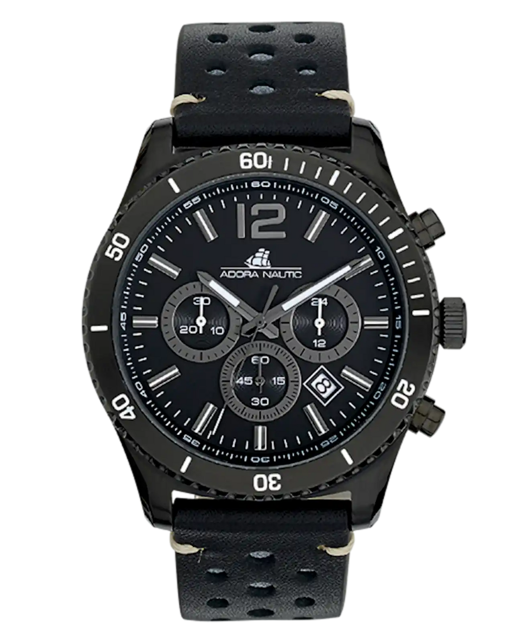Lederarmbanduhr schwarz chronograph datum zwischen 4 und 5 Uhr