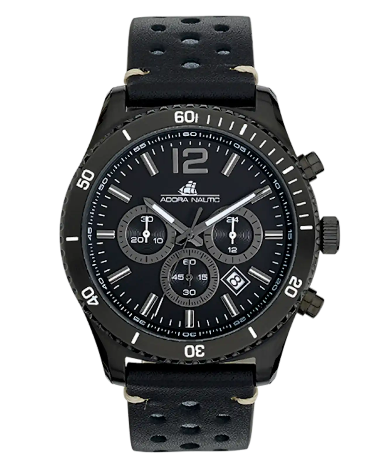 Lederarmbanduhr schwarz chronograph datum zwischen 4 und 5 Uhr