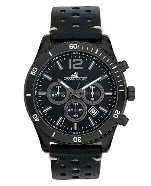 Lederarmbanduhr schwarz chronograph datum zwischen 4 und 5 Uhr