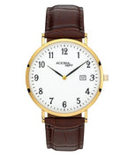 herrenuhr gold mit lederarmband braun und hellen zifferblatt