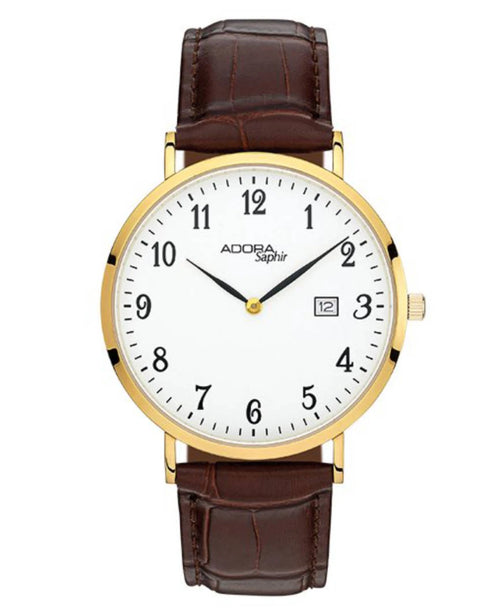 herrenuhr gold mit lederarmband braun und hellen zifferblatt