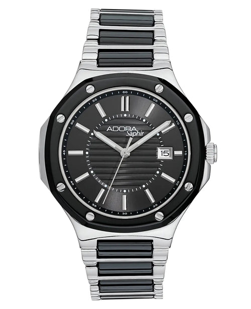 rundes gehäuse schwarzes ziffernblatt mit balken datumsanzeige