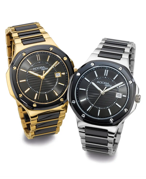 rundes gehäuse schwarzes ziffernblatt mit balken datumsanzeige