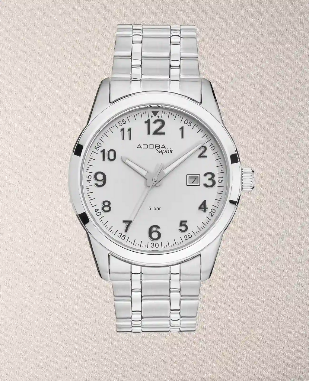 Rundes Gehäuse weißes Zifferblatt arabische Zahlen Datumsanzeige