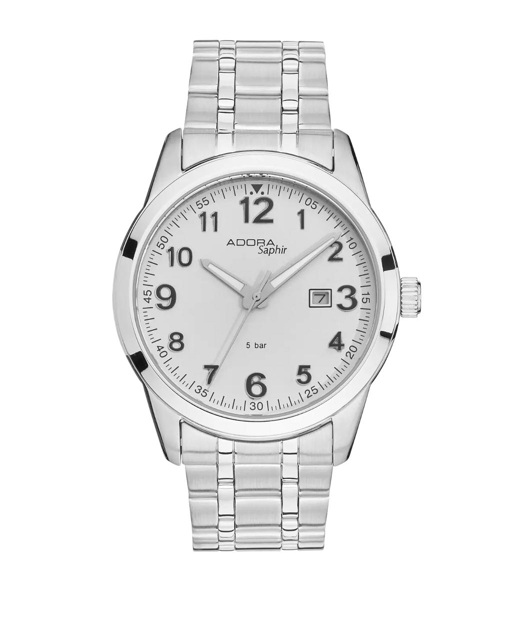 Rundes Gehäuse weißes Zifferblatt arabische Zahlen Datumsanzeige