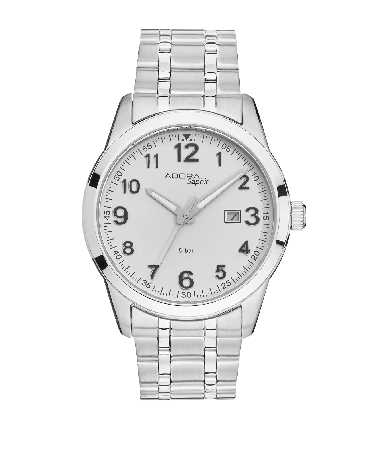 Rundes Gehäuse weißes Zifferblatt arabische Zahlen Datumsanzeige