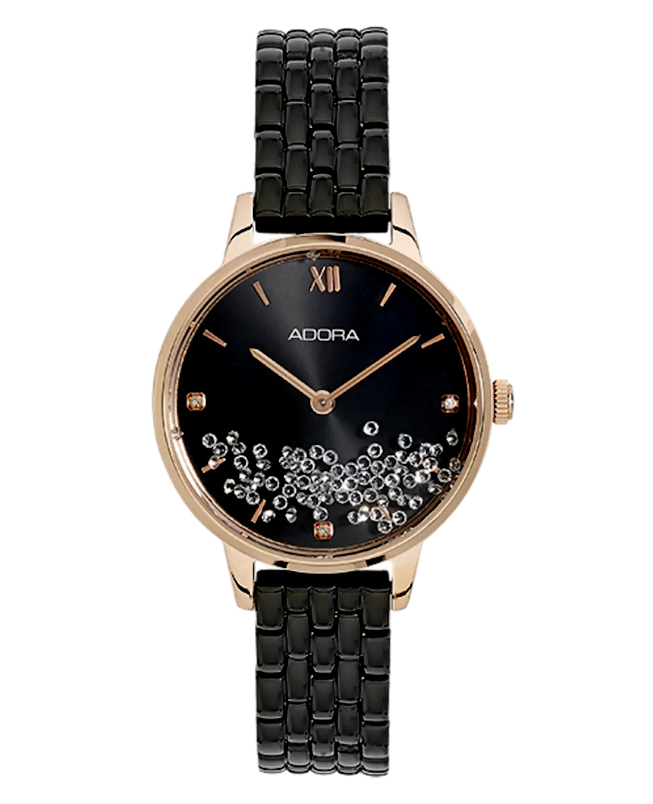 Metallarmbanduhr zifferblatt schwarz mit lauter beweglichen steinen