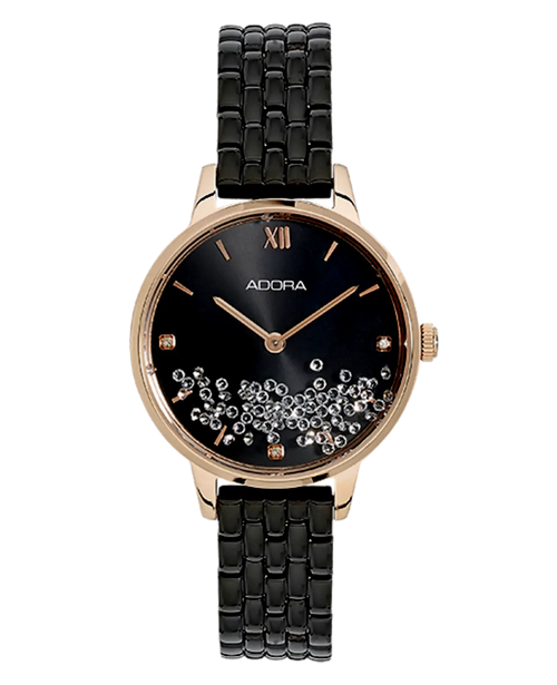 Metallarmbanduhr zifferblatt schwarz mit lauter beweglichen steinen