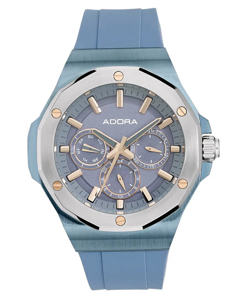 Wuchtiges eckiges gehäuse hellblaues band und ziffernblau mit tag datum und 24 stunden anzeige