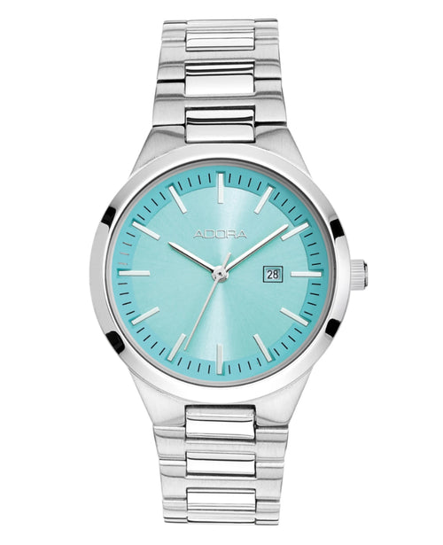 rundes gehäuse mit hellgrünen ziffernblatt mit balken Datumsanzeige