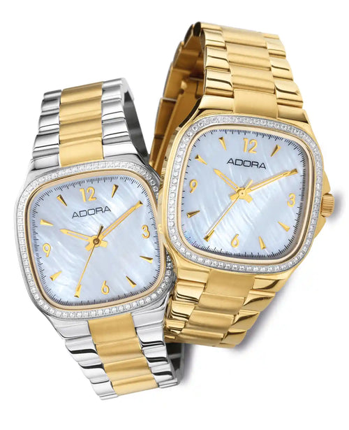 rechteckiges gehäuse mit zirkoniakranz helles perlmutt ziffernblatt