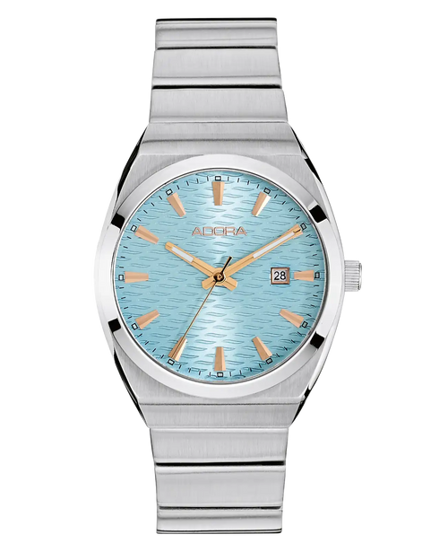 rundes gehäuse rhellblaues zifferblatt