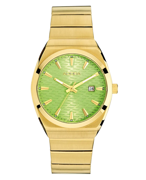 rundes gehäuse hellgrünes zifferblatt