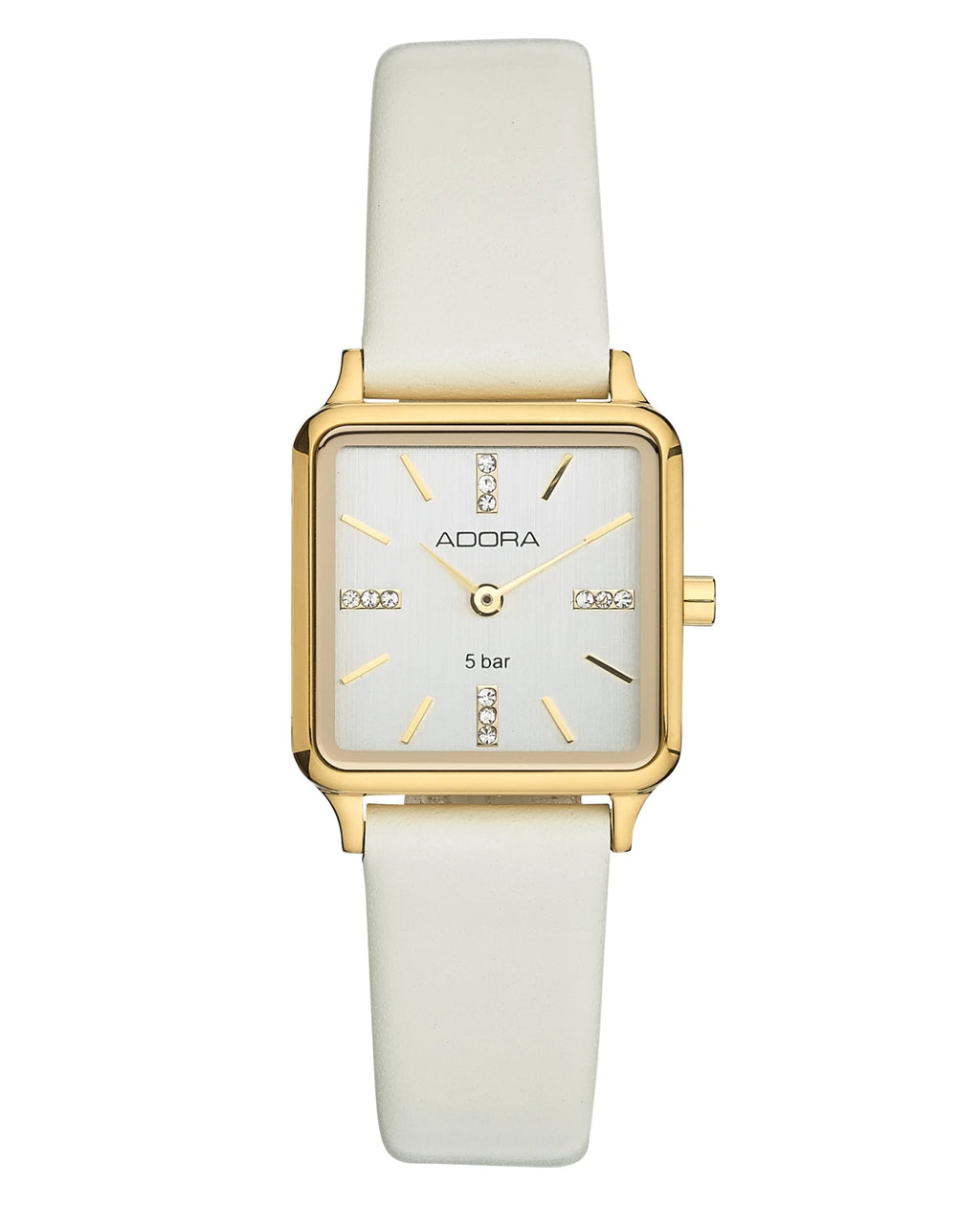 eckiges gehäuse silberfarbenes zifferblatt lederamband beige
