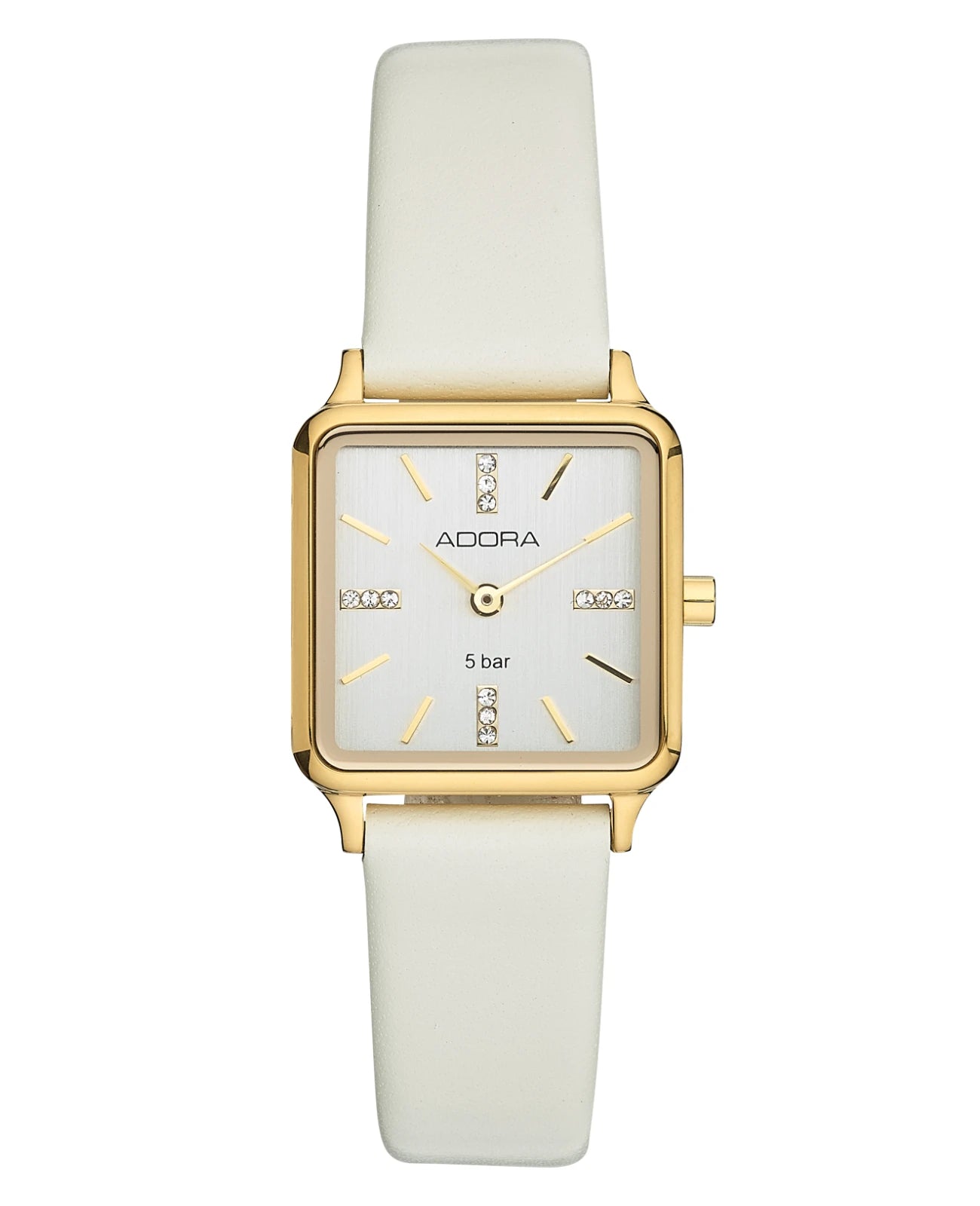 eckiges gehäuse silberfarbenes zifferblatt lederamband beige