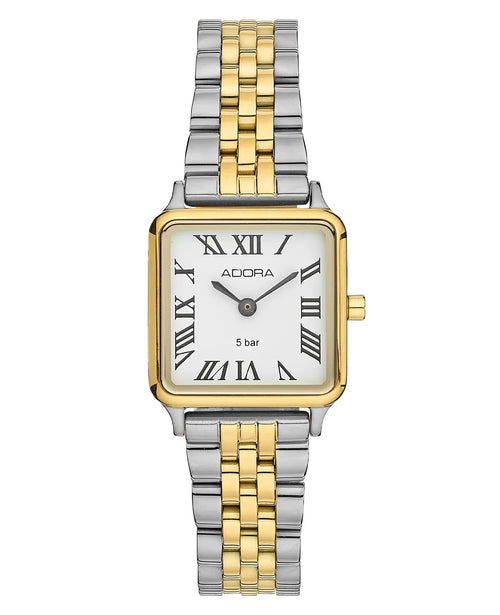 eckiges gehäuse weißes zifferblatt mit rhömischen zahlen