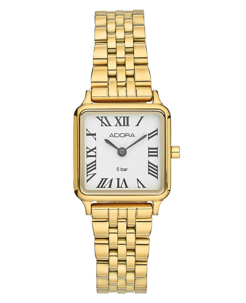 Eckiges gehäuse weißes zifferblatt mit rhömischen zahlen