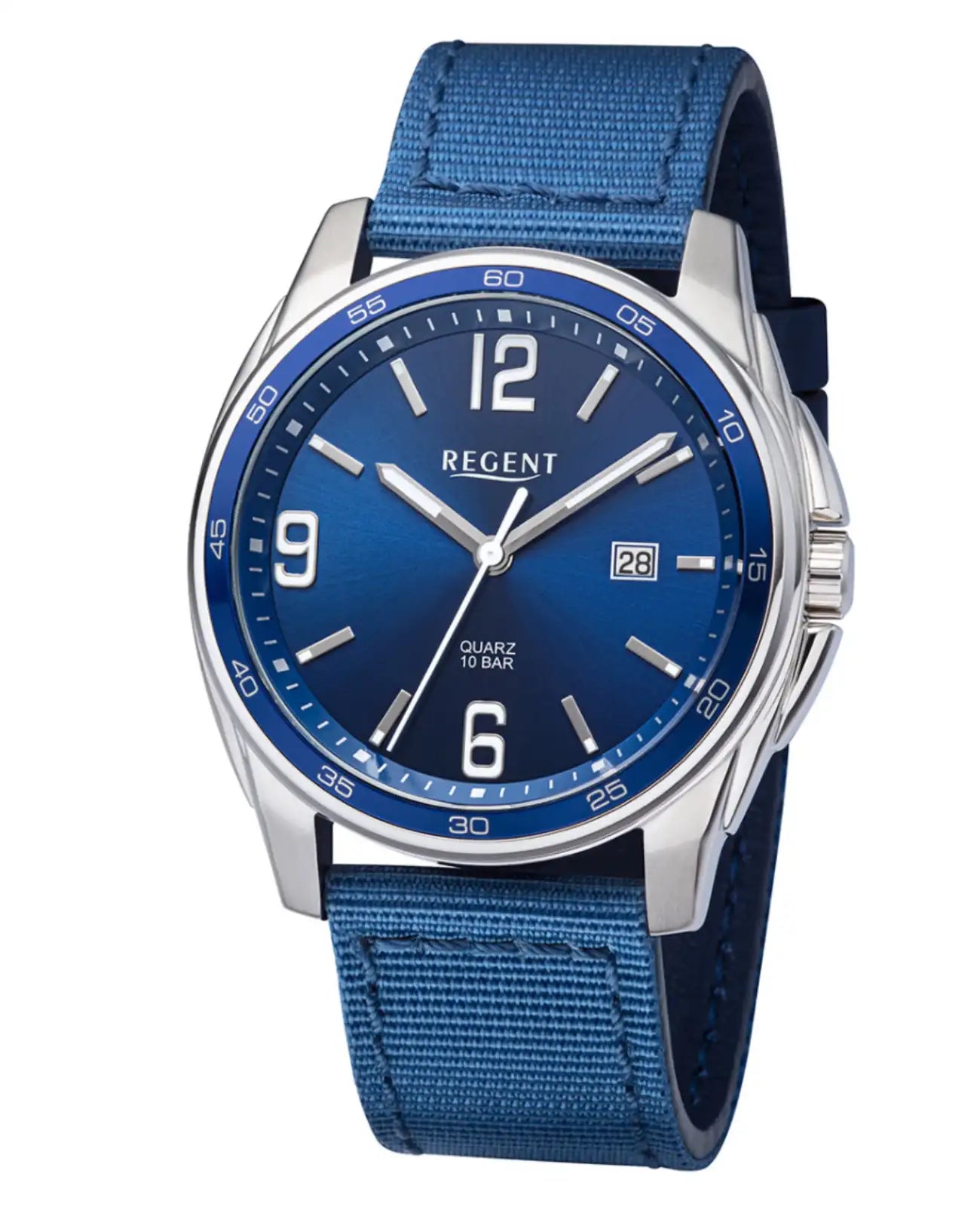 armbanduhr mit blauen textilarmband und blauen zifferblatt datum bei 3 Uhr