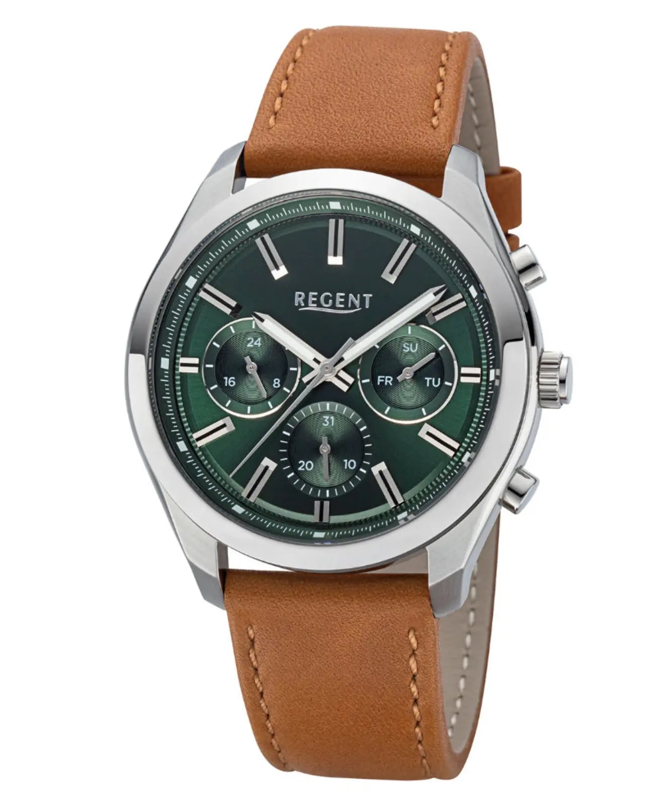 rundes gehäuse dunkelgrünes zifferblatt chronograph
