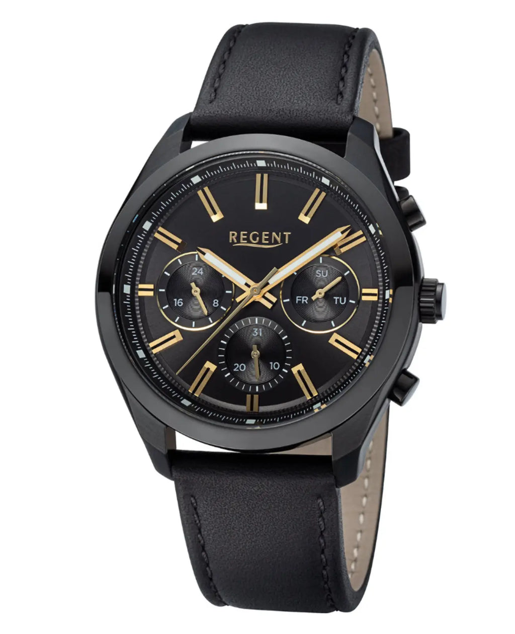 rundes schwazes gehäuse schwarzes zifferblatt chronograph